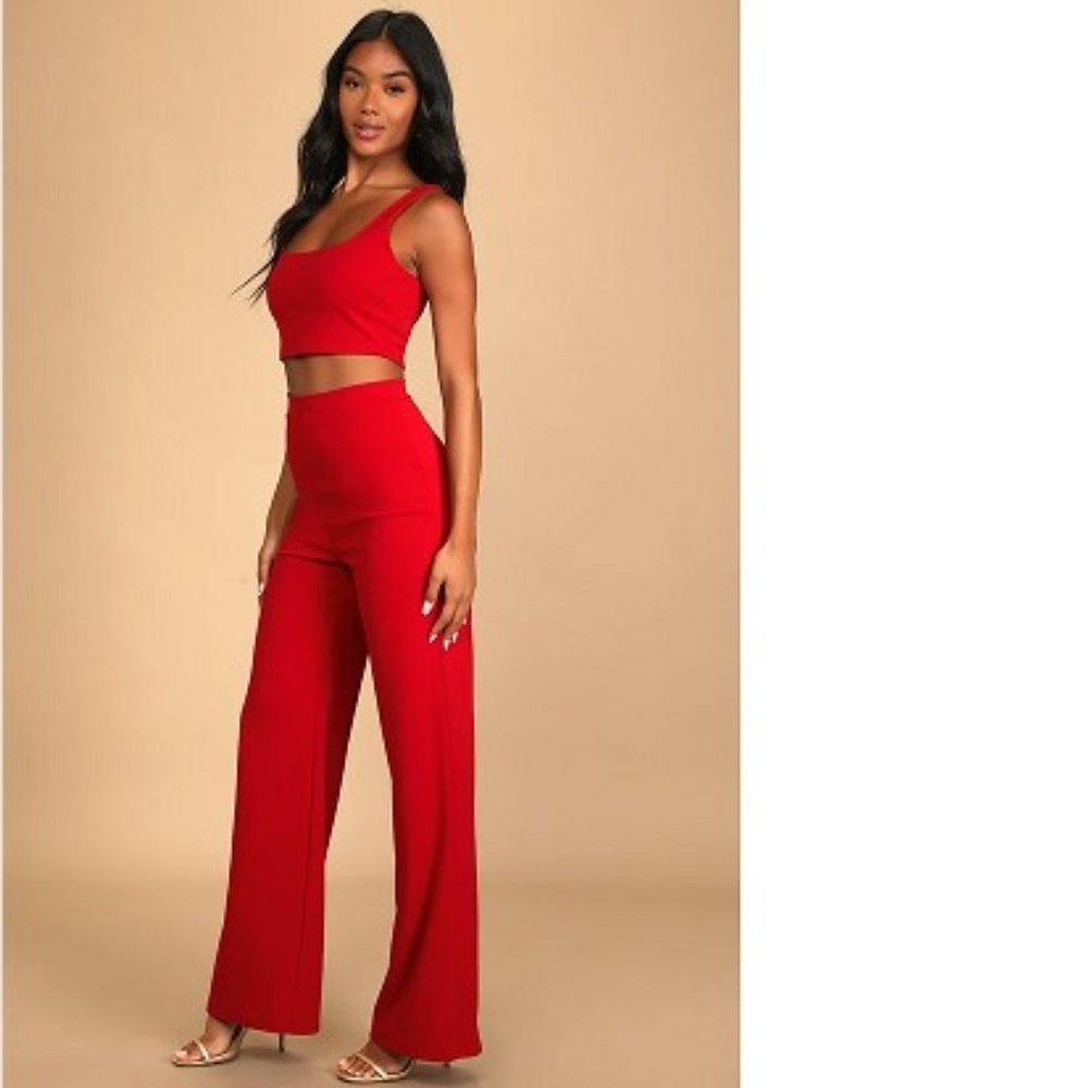 Lulus Only Tonight Red Two-Piece Wide-Leg Jumpsuit